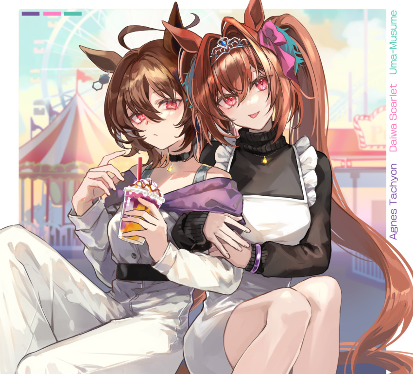 2girls agnes_tachyon_(umamusume) ahoge alternate_costume amusement_park animal_ears arm_hug black_choker black_sweater bow brown_hair carousel character_name choker commentary copyright_name cup daiwa_scarlet_(umamusume) disposable_cup dress earrings ferris_wheel hair_between_eyes hair_bow horse_ears horse_girl horse_tail jewelry long_hair looking_at_viewer multiple_girls necklace pants poppoman red_bow red_eyes shirt short_hair single_earring sitting smile sweater sweater_under_dress tail tiara tongue tongue_out turtleneck twintails umamusume very_long_hair white_dress white_pants white_shirt