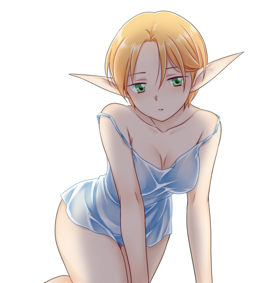 1girl bare_shoulders blue_nightgown breasts commentary_request elf gensou_suikoden gensou_suikoden_iv green_eyes ham_pon highres kneeling looking_at_viewer medium_breasts nightgown off_shoulder orange_hair paula_(suikoden) pointy_ears short_hair simple_background sleepwear solo white_background