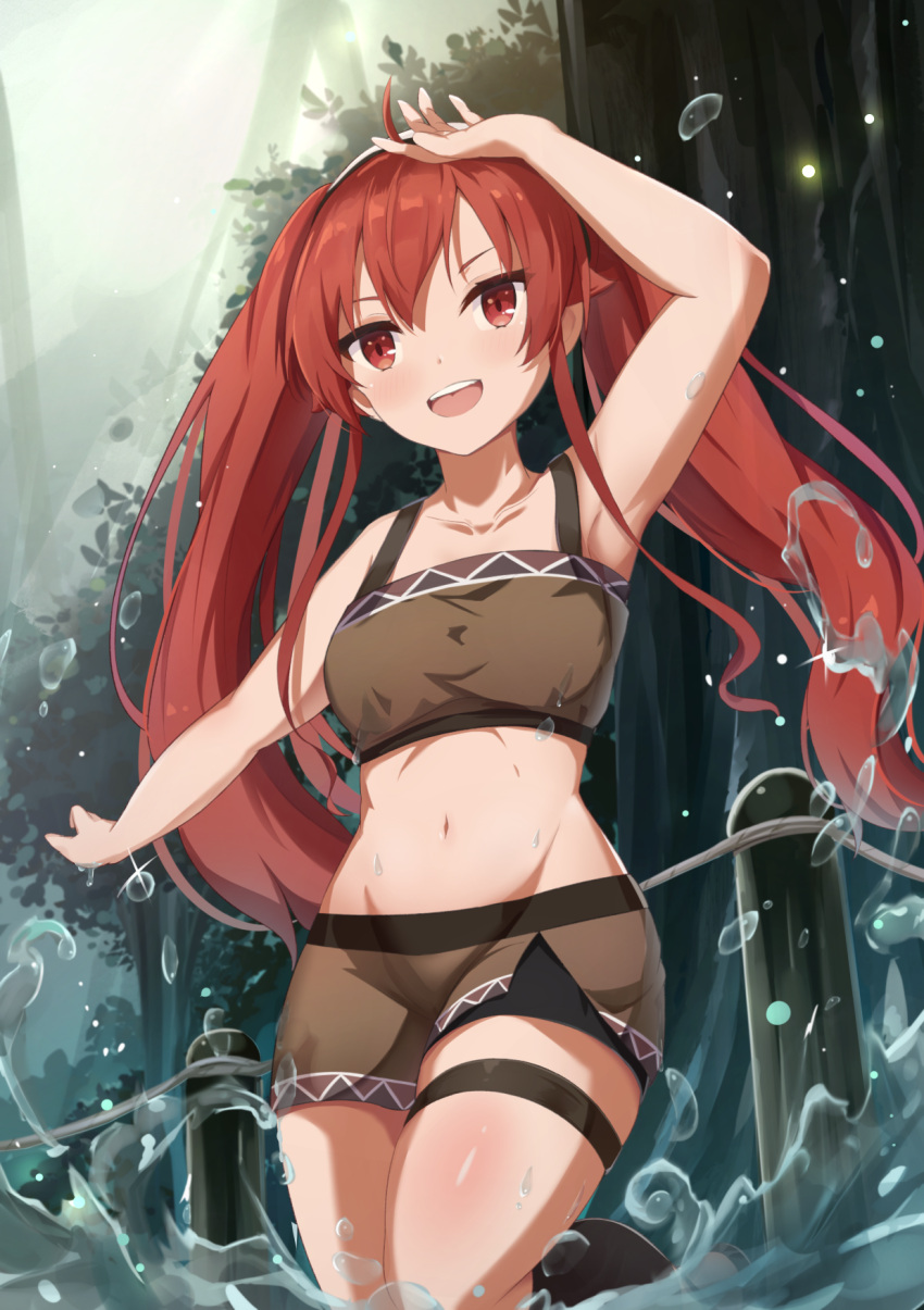 1girl :d ahoge arm_up armpits bangs bare_shoulders bike_shorts breasts brown_camisole brown_shorts camisole collarbone commentary cowboy_shot crop_top crossed_bangs eris_greyrat forest groin hair_between_eyes hairband highres long_hair looking_at_viewer midriff mushoku_tensei nature navel open_mouth outdoors red_eyes red_hair shorts sidelocks skindentation small_breasts smile solo sparkle standing standing_on_one_leg teeth thigh_strap touhourh tree twintails upper_teeth very_long_hair wading water water_drop