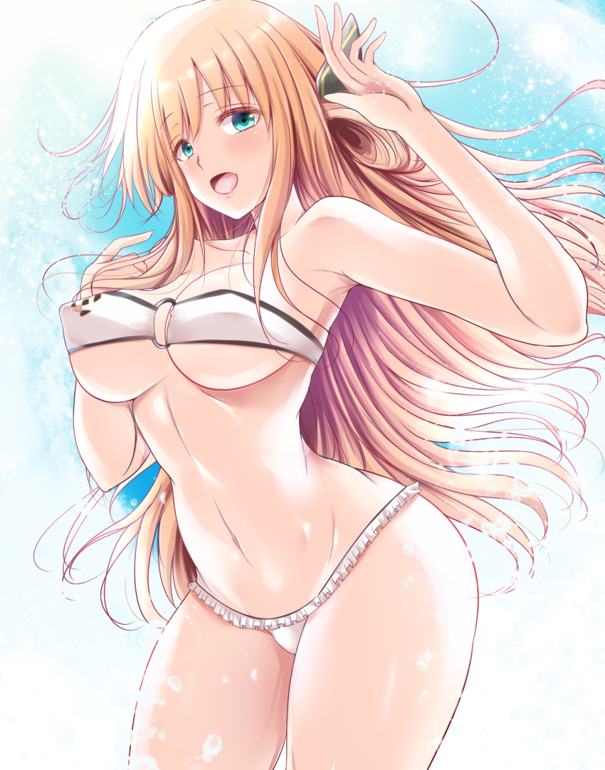 1girl :o andrew_(duel_angel) armpits arms_up bangs bikini blonde_hair blue_sky breasts covered_nipples day duel_monster eyebrows_visible_through_hair fingers green_eyes hair_ornament hands highres long_hair navel sky sky_striker_ace_-_raye smile swimsuit thighs yu-gi-oh!