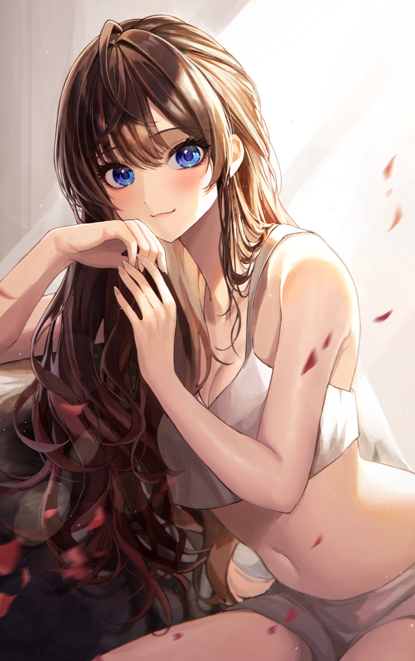 1girl :3 absurdres bangs blue_eyes blurry blurry_foreground blush bokeh breasts brown_hair cleavage crop_top depth_of_field fingers_together head_rest highres ichinose_shiki idolmaster idolmaster_cinderella_girls kudou_(sikisiki0000) looking_at_viewer midriff navel petals shiny shiny_hair shiny_skin shorts sitting smile solo tank_top thighs