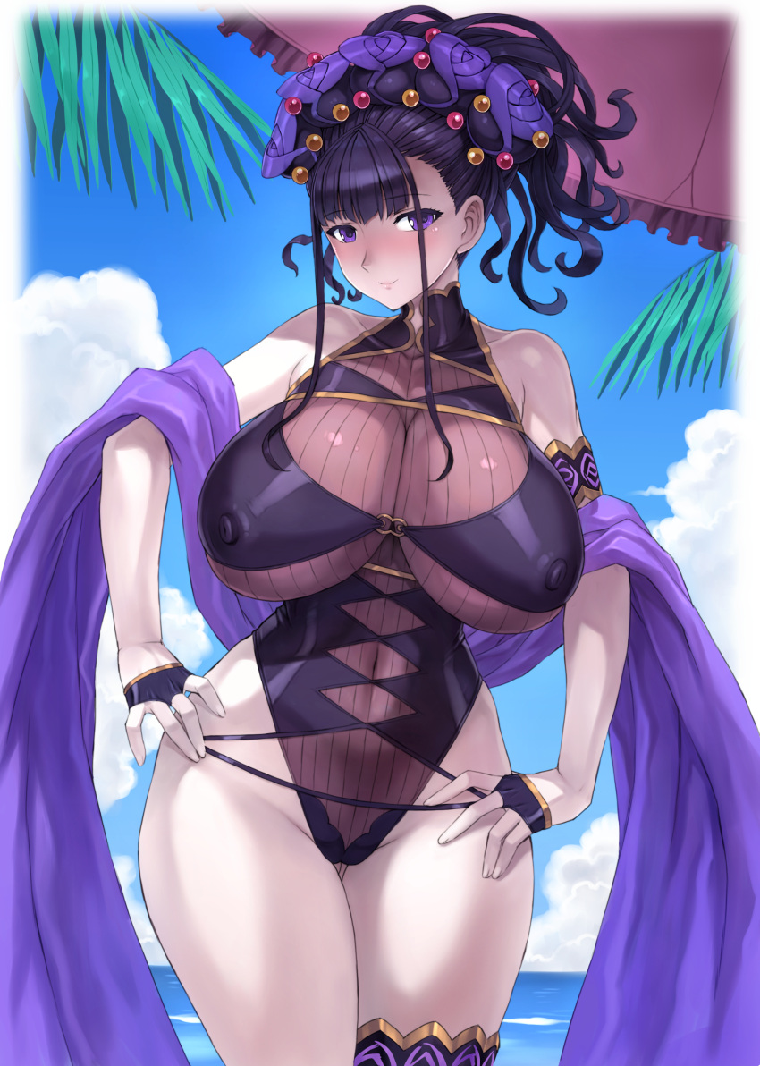 1girl absurdres armlet bangs bare_shoulders black_gloves black_swimsuit blue_sky breasts covered_navel covered_nipples day fate/grand_order fate_(series) fingerless_gloves flower gloves gold_trim hair_flower hair_ornament hair_up half_gloves highleg highleg_swimsuit highres large_breasts long_hair looking_at_viewer mogudan murasaki_shikibu_(fate) murasaki_shikibu_(swimsuit_rider)_(fate) one-piece_swimsuit purple_eyes purple_hair sash sky smile solo swimsuit thighs tied_hair