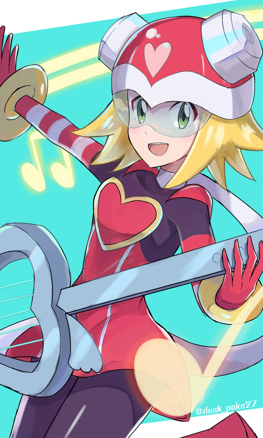 1girl :d absurdres blonde_hair bodysuit dress dusk_poke27 gloves green_eyes guitar harp_note_(mega_man) heart helmet highres holding holding_instrument instrument looking_at_viewer mega_man_(series) mega_man_star_force musical_note open_mouth pink_dress pink_gloves scarf short_hair smile solo sonia_strumm_(mega_man) teeth twitter_username upper_teeth visor