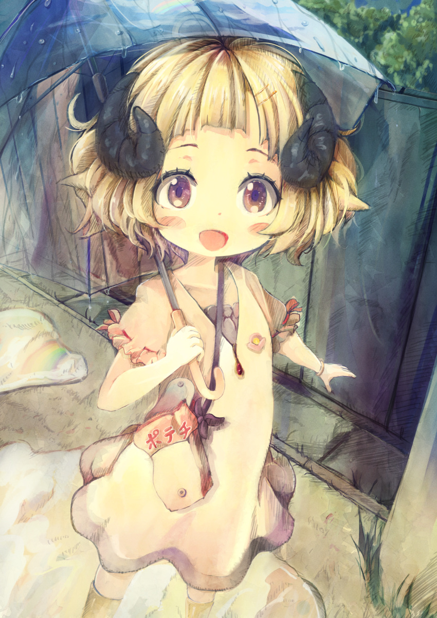 1girl :d absurdres bangs blonde_hair blunt_bangs blush_stickers chibimame child dress hair_ornament hairclip highres holding holding_umbrella hololive horns open_mouth purple_eyes sheep_girl sheep_horns short_dress short_hair short_sleeves smile solo transparent transparent_umbrella tsunomaki_watame umbrella virtual_youtuber younger