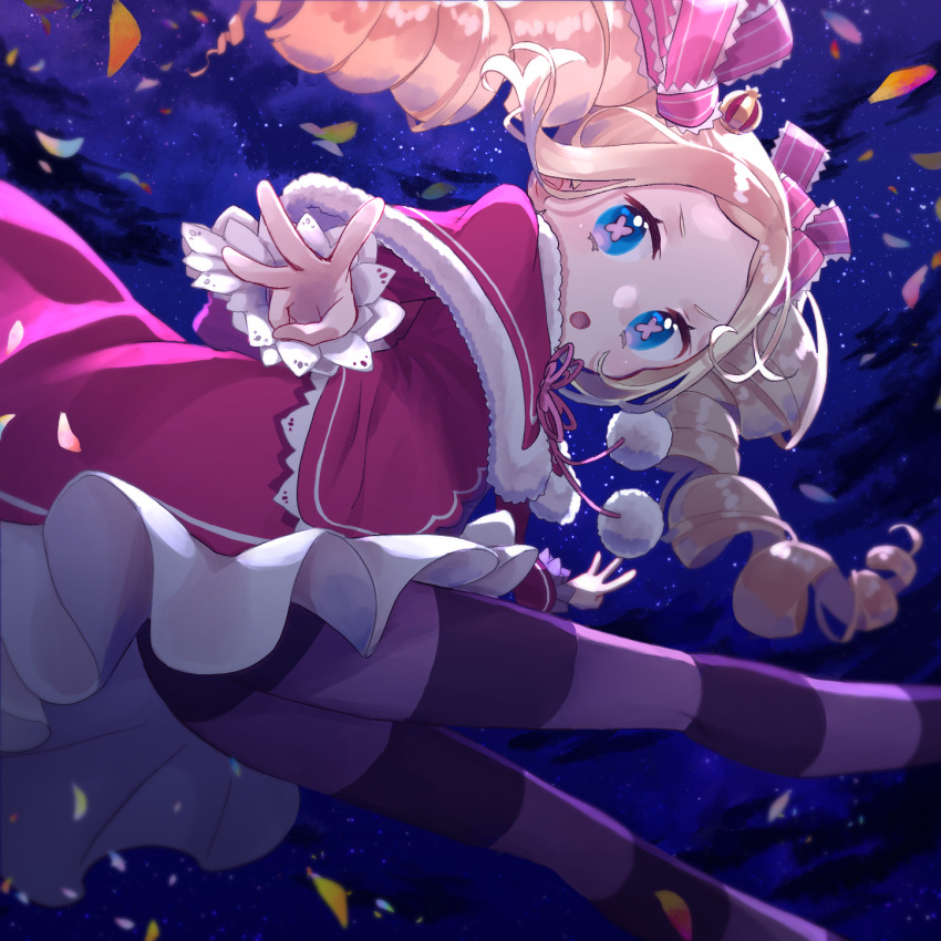 1girl beatrice_(re:zero) blonde_hair blue_eyes capelet crown dress drill_hair frilled_dress frilled_sleeves frills from_side fur-trimmed_capelet fur_trim highres midair mini_crown multicolored_eyes open_mouth pantyhose petals re:zero_kara_hajimeru_isekai_seikatsu sky solo twin_drills yuzouni