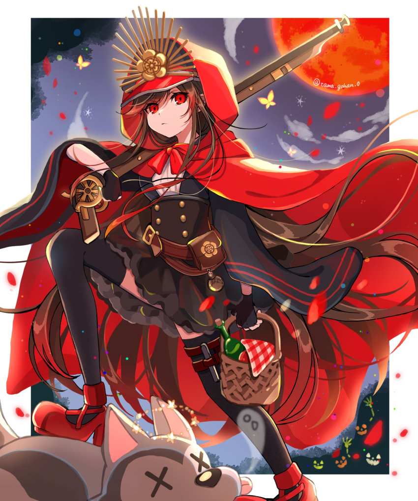 1girl antique_firearm arquebus belt belt_buckle border bottle brown_hair buckle bug butterfly corked_bottle expressionless fate/grand_order fate_(series) gun hi_(wshw5728) highres jack-o'-lantern long_hair looking_at_viewer moon night oda_nobunaga_(fate) oda_nobunaga_(koha/ace) oda_uri outside_border over_shoulder petals picnic_basket red_eyes red_footwear red_moon solo thighhighs thighs very_long_hair weapon weapon_over_shoulder white_border wine_bottle