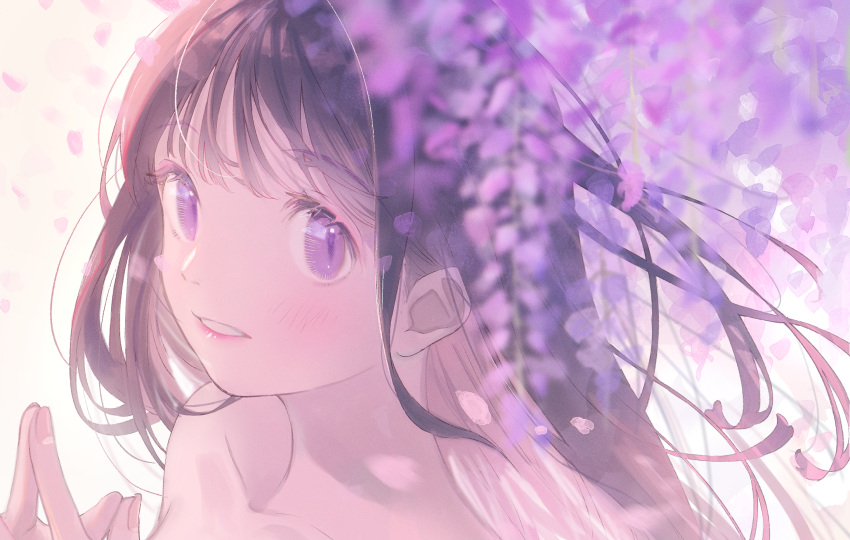 1girl bangs black_hair blush eyebrows_visible_through_hair flower fujie-yz highres index_fingers_together lips long_hair looking_at_viewer original parted_lips petals pink_flower purple_eyes purple_flower simple_background solo wisteria