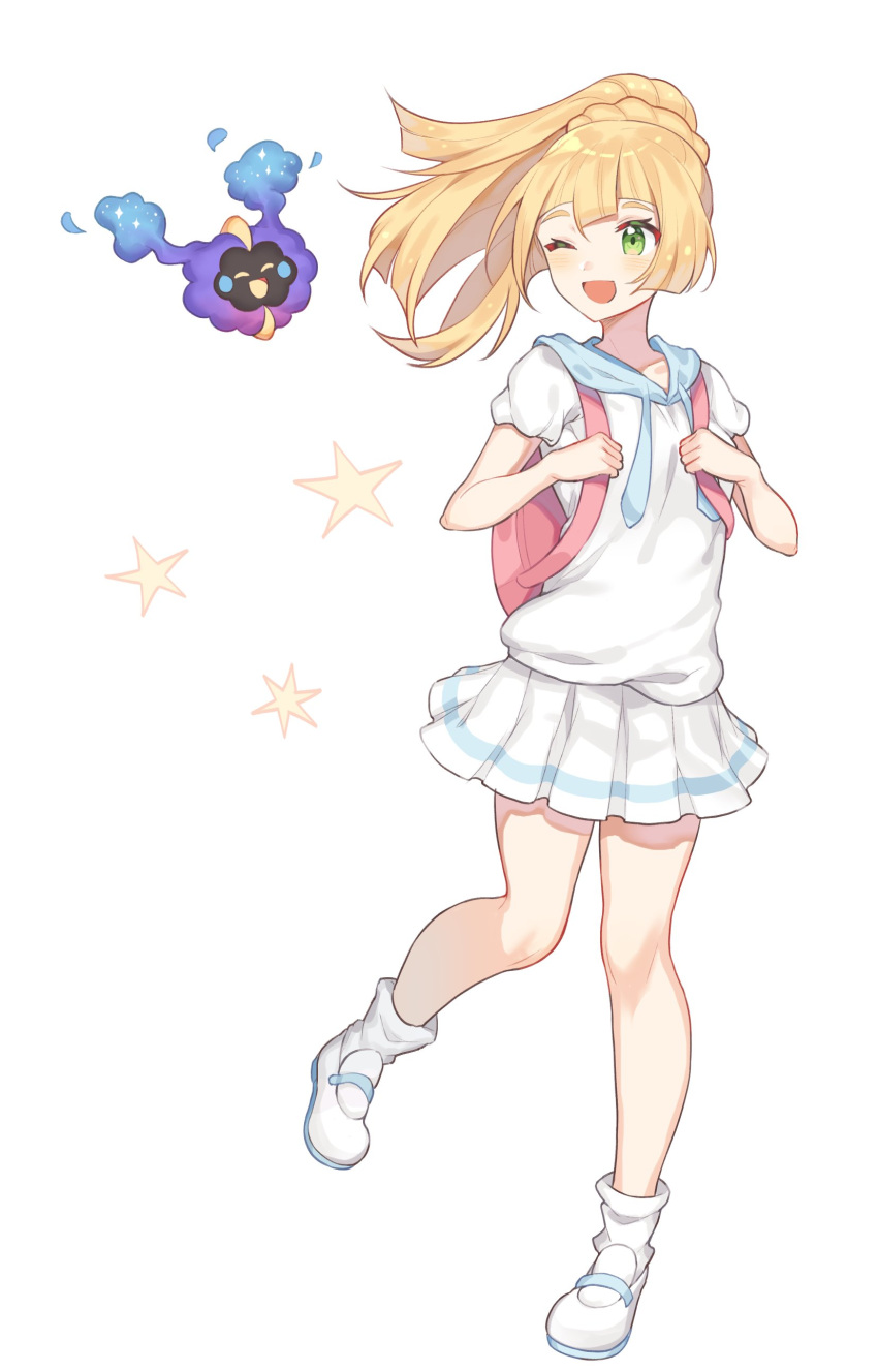 1girl 1other absurdres backpack bag bangs blonde_hair blunt_bangs closed_eyes commentary cosmog english_commentary floating floating_hair full_body green_eyes hair_between_eyes highres hood hood_down lillie_(pokemon) long_hair looking_at_another looking_to_the_side miniskirt one_eye_closed open_mouth pink_bag pokemon pokemon_(creature) pokemon_(game) pokemon_sm ponytail puffy_short_sleeves puffy_sleeves shirt short_sleeves skirt smile snowsakurachan star_(symbol) tongue white_footwear white_shirt white_skirt