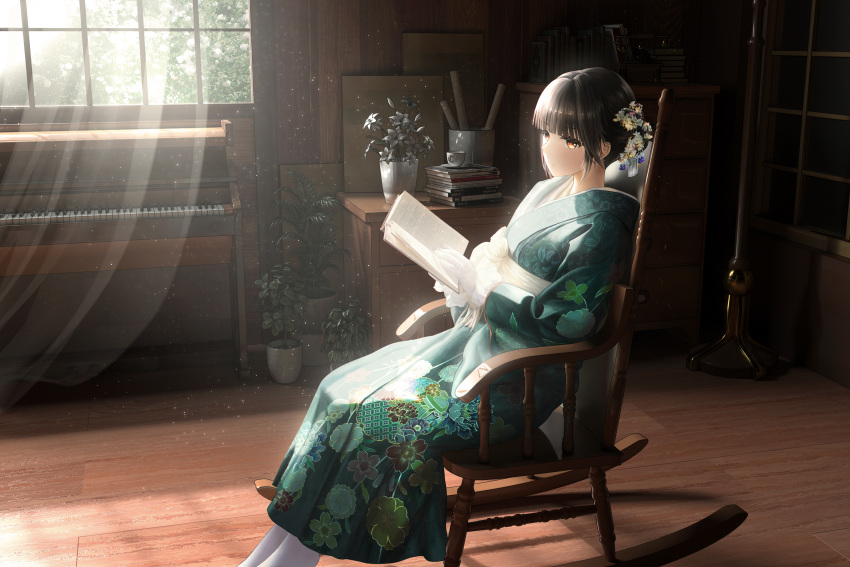 1girl bangs black_hair blunt_bangs book brown_eyes chair chest_of_drawers coat_rack cup curtains expressionless feet_out_of_frame floral_print flower from_side gloves green_kimono hair_flower hair_ornament highres holding holding_book indoors instrument japanese_clothes kanzashi kimono legs_together light_particles liht obi open_book original piano plant potted_plant reading rocking_chair sash sitting solo sunlight teacup white_gloves white_legwear window wooden_floor