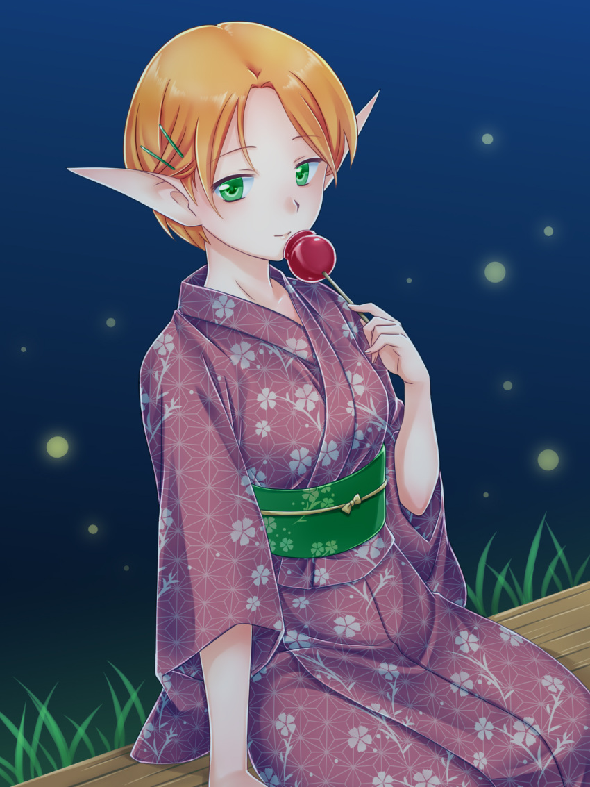 1girl candy_apple commentary_request elf food gensou_suikoden gensou_suikoden_iv green_eyes hair_ornament hairclip ham_pon highres japanese_clothes kimono light_blush looking_at_viewer night obi on_bench orange_hair paula_(suikoden) pointy_ears purple_kimono sash short_hair sitting solo