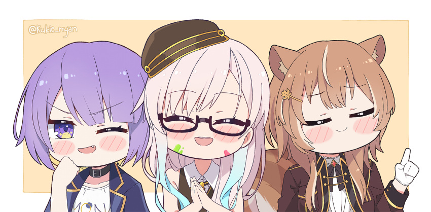 3girls ;d =_= ^_^ airani_iofifteen animal_ears area_15 ayunda_risu black_collar blonde_hair blush_stickers brown_hair chibi clenched_hand closed_eyes collar colored_inner_hair commentary english_commentary eyebrows_visible_through_hair facing_viewer fang gloves highres hololive hololive_indonesia index_finger_raised jacket kukie-nyan long_hair looking_at_viewer moona_hoshinova multicolored_hair multiple_girls official_alternate_costume one_eye_closed open_mouth purple_eyes purple_hair red_jacket short_hair short_hair_with_long_locks silver_hair smile squirrel_ears squirrel_girl squirrel_tail tail twitter_username two-tone_hair virtual_youtuber white_gloves