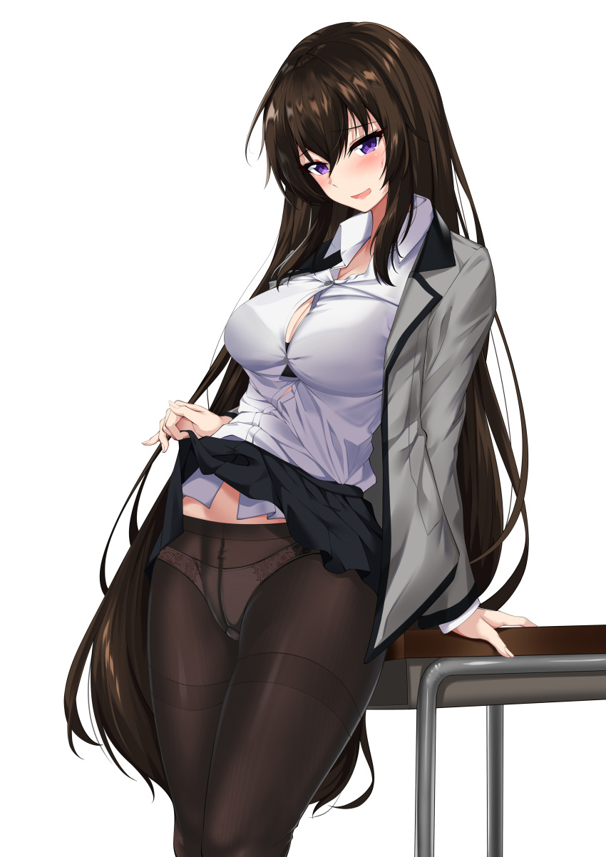 1girl absurdres arm_support black_bra black_skirt bra bra_visible_through_clothes breasts brown_hair brown_legwear button_gap clothes_lift collared_shirt counter_side dress_shirt elze_(s01047480836) embarrassed grey_jacket gusset hair_down highres jacket large_breasts lifted_by_self long_hair long_sleeves looking_at_viewer miniskirt open_clothes open_jacket open_mouth panties panties_under_pantyhose pantyhose pleated_skirt purple_eyes see-through shirt sidelocks skirt skirt_lift smile solo standing sweatdrop thighband_pantyhose underwear very_long_hair white_shirt yoo_mina