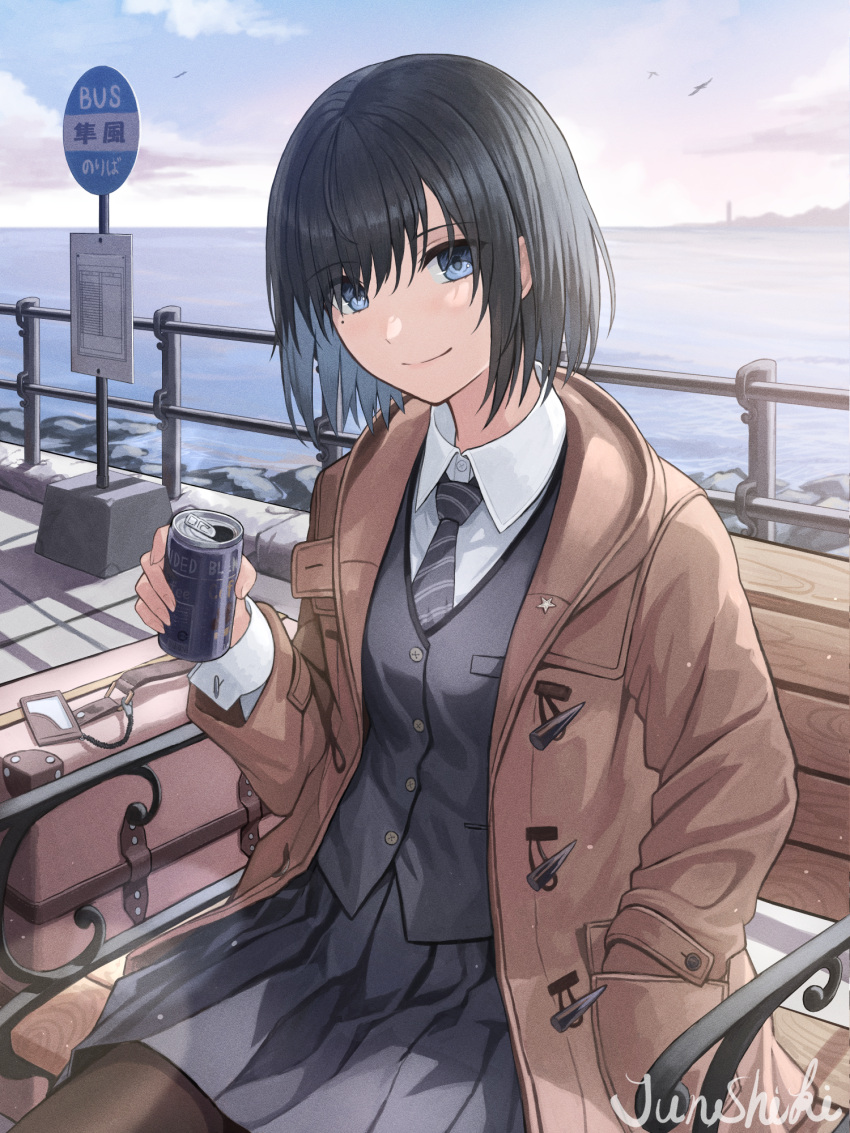 1girl artist_name bangs bench bird black_hair black_necktie black_skirt blue_eyes bus_stop buttons can canned_coffee coat collared_shirt day duffel_coat eyebrows_visible_through_hair eyes_visible_through_hair fence hand_in_pocket hand_up head_tilt highres holding holding_can horizon junshiki lapel_pin long_sleeves luggage necktie ocean open_clothes open_coat original outdoors pantyhose pleated_skirt school_uniform shirt short_hair sign signature sitting sitting_on_bench skirt smile solo striped_necktie suitcase uniform waistcoat