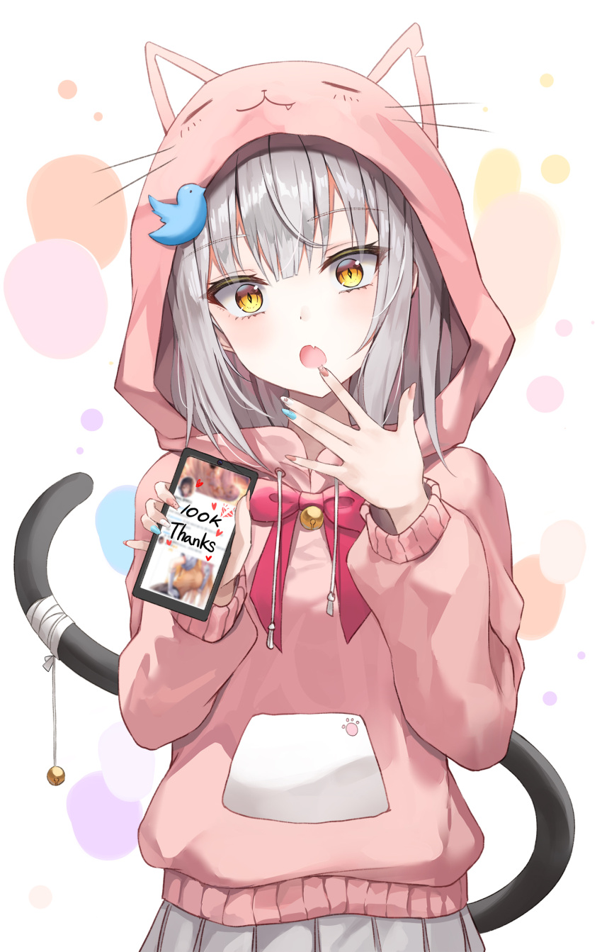 1girl :o animal_ears bow bowtie cat_tail fake_animal_ears fang grey_hair grey_skirt hand_up highres holding hood hoodie lkeris long_hair looking_at_viewer nail_polish open_mouth original phone pink_hoodie pleated_skirt simple_background skin_fang skirt slit_pupils solo tail twitter_logo upper_body white_background yellow_eyes
