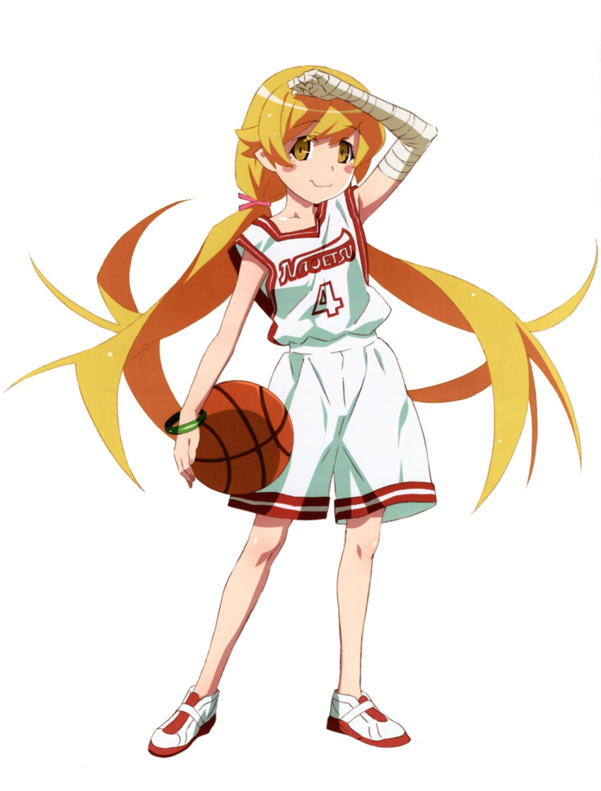 1girl absurdres arm_up ball bandaged_arm bandages bangs basket basketball basketball_jersey basketball_uniform blonde_hair blush_stickers bracelet collarbone cosplay full_body green_bracelet hair_ribbon highres holding holding_ball jewelry kanbaru_suruga kanbaru_suruga_(cosplay) legs_apart long_hair looking_at_viewer low_twintails monogatari_(series) official_art oshino_shinobu pink_ribbon ribbon scan shading_eyes shirt shoes shorts simple_background sleeveless smile sneakers solo sportswear standing twintails very_long_hair watanabe_akio wavy_mouth white_background white_footwear white_shirt white_shorts yellow_eyes