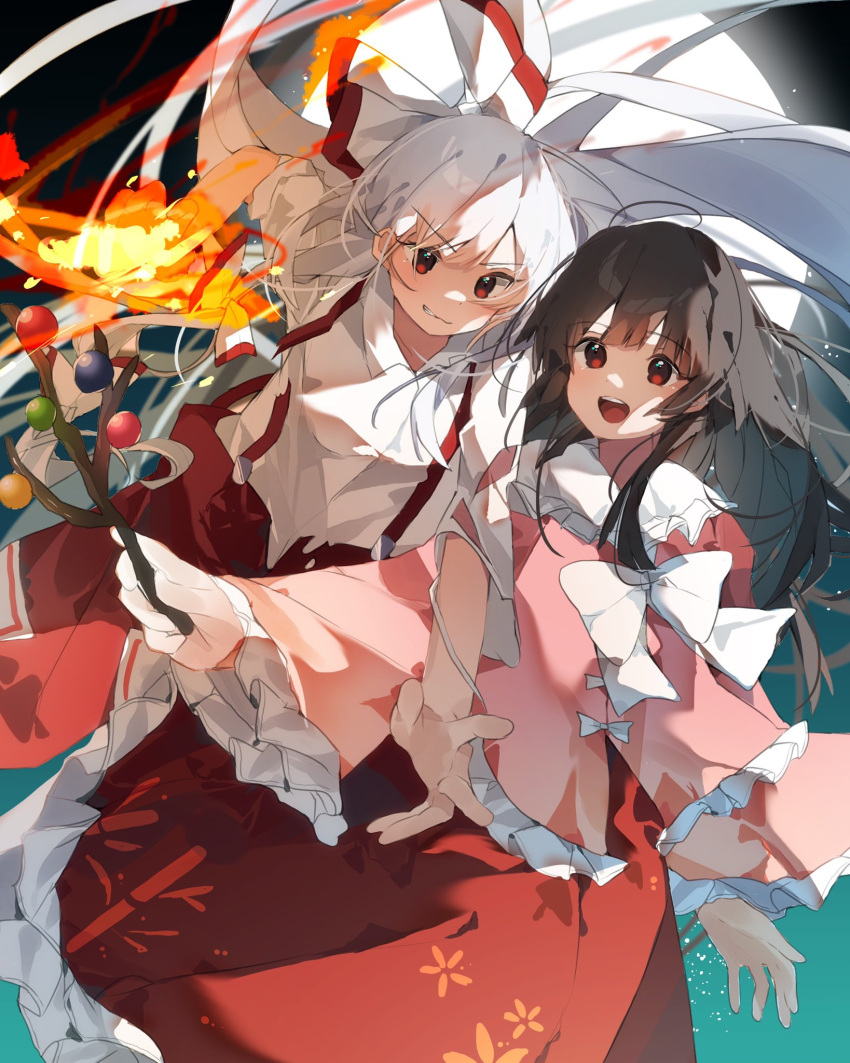 2girls arm_up bangs black_hair black_sky blouse blue_sky bow bowtie breasts closed_mouth collar collared_blouse collared_shirt eyebrows_visible_through_hair fire floral_print flower flying frilled_sleeves frills fujiwara_no_mokou gominami gradient gradient_sky hair_between_eyes hair_bow hand_up highres houraisan_kaguya light long_hair long_sleeves looking_at_viewer medium_breasts moon multiple_girls night night_sky open_mouth orange_flower pants pink_blouse red_bow red_eyes red_pants red_skirt shadow shirt short_sleeves silver_hair skirt sky smile teeth tongue touhou treasure two-tone_bow white_bow white_bowtie white_shirt wide_sleeves