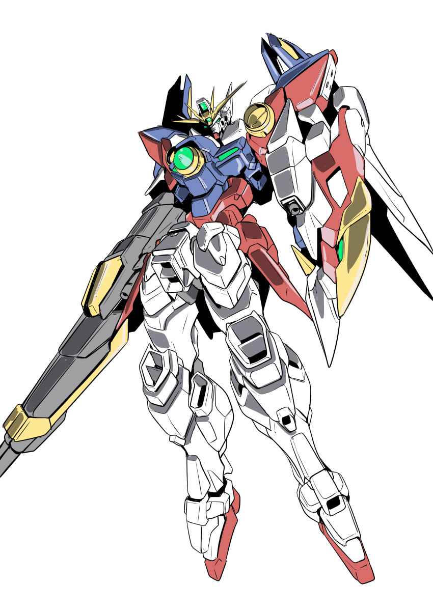 absurdres green_eyes gun gundam gundam_wing head_tilt highres holding holding_gun holding_shield holding_weapon looking_at_viewer mecha mechanical_wings mobile_suit niidan no_humans shield solo v-fin weapon white_background wing_gundam_zero wings