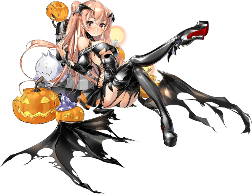 1girl artist_self-insert black_dress black_legwear blush breasts brown_eyes candle dress fake_wings full_body garter_straps halloween halloween_costume jack-o'-lantern johnston_(kancolle) kantai_collection light_brown_hair long_hair looking_at_viewer machinery medium_breasts off_shoulder official_art thighhighs torn_clothes transparent_background two_side_up vampire vampire_costume wings zeco
