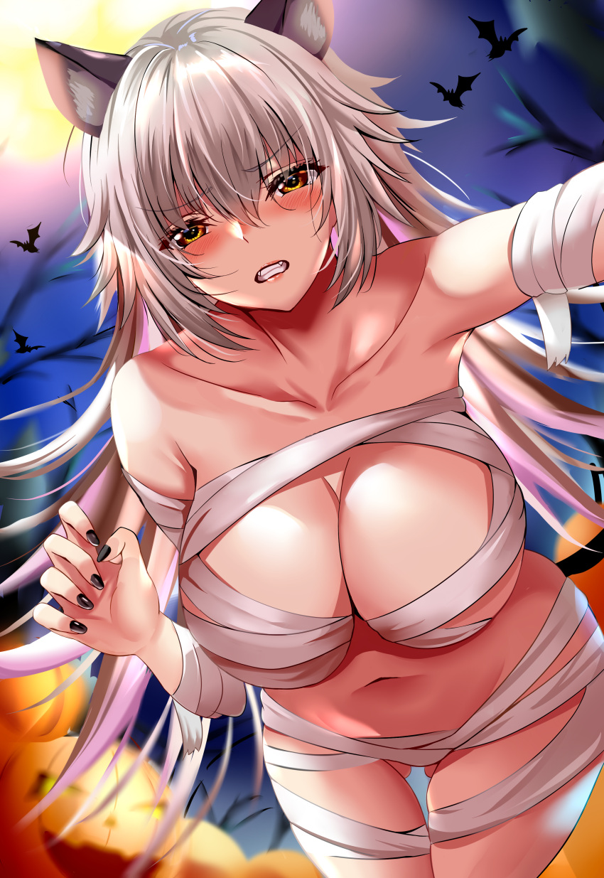 1girl absurdres animal_ears bandages bangs bare_shoulders breasts cat_ears cat_tail cleavage clenched_teeth fate/grand_order fate_(series) halloween highres jeanne_d'arc_(alter)_(fate) jeanne_d'arc_(fate) kuro_(tbm9187) large_breasts long_hair looking_at_viewer naked_bandage silver_hair solo tail teeth very_long_hair yellow_eyes