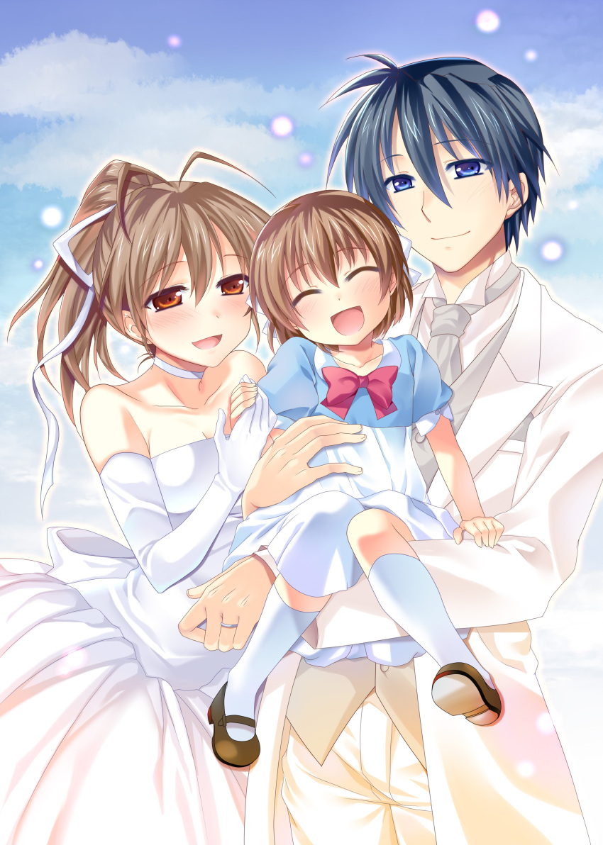 1boy 2girls absurdres bare_shoulders blue_eyes blue_hair blue_sky bow bowtie brown_eyes brown_hair child clannad closed_eyes cloud commentary_request cowboy_shot day dress elbow_gloves family father_and_daughter formal furukawa_nagisa gloves happy_birthday highres husband_and_wife jacket kneehighs komoda mother_and_daughter multiple_girls necktie okazaki_tomoya okazaki_ushio ponytail red_bow red_bowtie short_hair sky strapless strapless_dress suit white_dress white_gloves white_jacket white_necktie