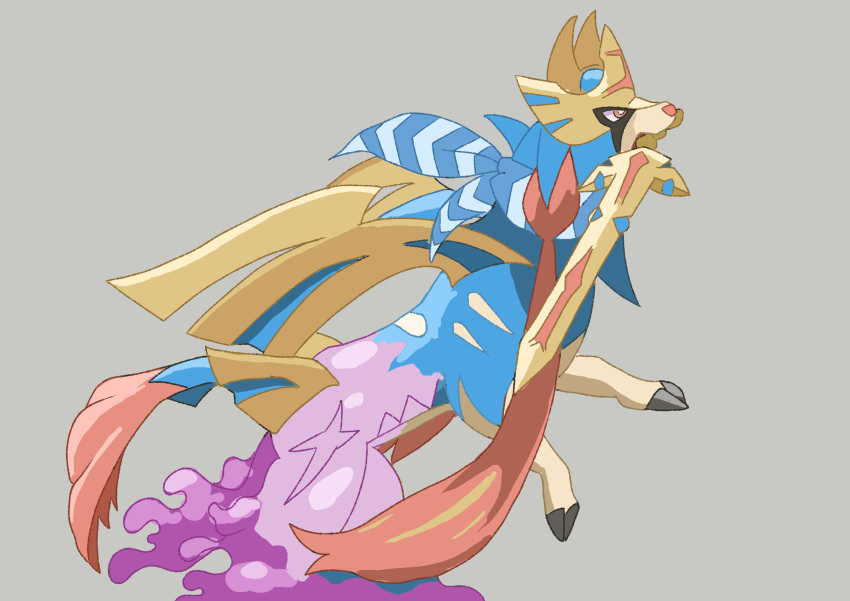 absurdres bright_pupils choice_scarf claws commentary_request from_side grey_background hazikamiio highres looking_up mouth_hold orange_eyes pokemon pokemon_(creature) simple_background sword transform_(pokemon) transformed_ditto weapon zacian zacian_(crowned)