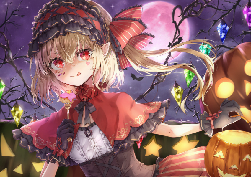 1girl basket black_gloves blonde_hair buttons capelet closed_mouth crystal eyebrows_visible_through_hair flandre_scarlet food fork full_moon gloves hair_between_eyes halloween halloween_costume heart highres holding holding_basket holding_fork jack-o'-lantern long_hair moon one_side_up pointy_ears red_capelet red_eyes red_moon shironeko_yuuki smile solo tongue tongue_out touhou upper_body v-shaped_eyebrows wings