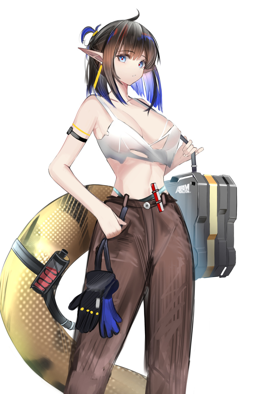 1girl absurdres arknights arm_strap bangs bare_arms bare_shoulders black_hair blue_eyes blue_hair breasts brown_pants camisole cleavage commentary_request cowboy_shot crop_top eugle_na eunectes_(arknights) eunectes_(forgemaster)_(arknights) eyebrows_visible_through_hair gloves gloves_removed highres large_breasts medium_hair midriff multicolored_hair navel official_alternate_costume pants partial_commentary pointy_ears rim_billiton_logo simple_background snake_tail solo spaghetti_strap standing stomach tail white_background