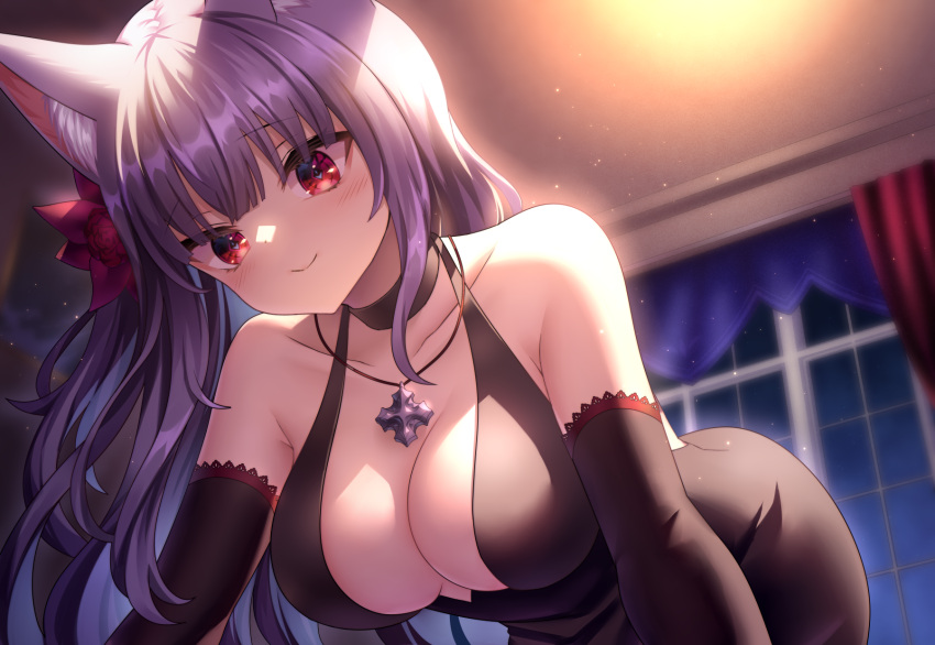 1girl animal_ears black_dress black_gloves blush breasts curtains dress elbow_gloves flower gloves hair_flower hair_ornament highres indoors jewelry kamishiro_natsume large_breasts looking_at_viewer melty+ neit_ni_sei night pendant purple_hair red_eyes smile solo symbol-shaped_pupils virtual_youtuber window