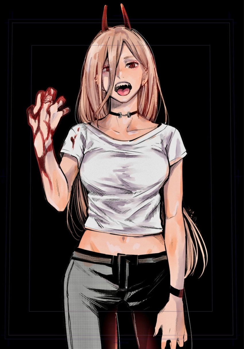 +_+ 1girl black_background blonde_hair blood blood_on_hands breasts chainsaw_man choker collared_shirt commentary_request cowboy_shot demon_girl demon_horns hair_between_eyes highres horns long_hair looking_at_viewer matsumotoasumu medium_breasts navel necktie open_mouth pink_hair power_(chainsaw_man) red_eyes red_horns sharp_teeth shirt smile solo teeth tongue white_shirt