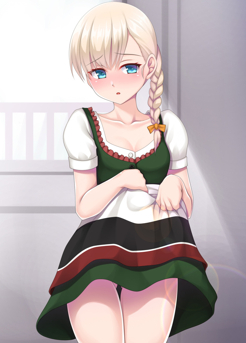 1girl absurdres blonde_hair blue_eyes braid breasts clothes_lift cowboy_shot dirndl dress dress_lift german_clothes green_dress hair_over_shoulder highres kantai_collection lifted_by_self long_hair ruin_re_birth shin'you_(kancolle) short_sleeves small_breasts solo standing
