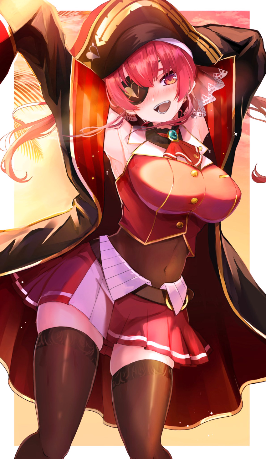 1girl :d armpits arms_up arrow_through_heart ascot aya02ka belt bicorne black_choker black_coat black_eyepatch black_headwear black_legwear blush breasts brooch brown_belt choker coat commentary_request contrapposto covered_navel cropped_jacket eyepatch feet_out_of_frame frilled_choker frills gold_trim hair_ribbon hat highres hololive houshou_marine jacket jewelry lace-trimmed_legwear lace_trim large_breasts leather_belt leotard leotard_under_clothes long_hair looking_at_viewer midriff miniskirt open_mouth pirate pirate_hat pleated_skirt red_ascot red_eyes red_hair red_jacket red_ribbon red_skirt revision ribbon sheer_leotard shiny shiny_clothes shiny_legwear skindentation skirt sleeveless sleeveless_jacket sleeves_past_fingers sleeves_past_wrists smile solo thighhighs twintails virtual_youtuber zettai_ryouiki