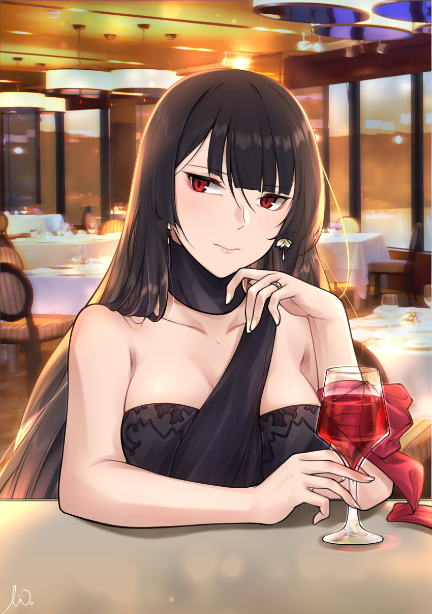 1girl absurdres alternate_costume alternate_hair_color alternate_hairstyle black_hair breasts chair cup drinking_glass earrings girls'_frontline hair_down highres jewelry large_breasts long_hair red_eyes restaurant ring solo stigmamyu table wa2000_(girls'_frontline) wedding_band