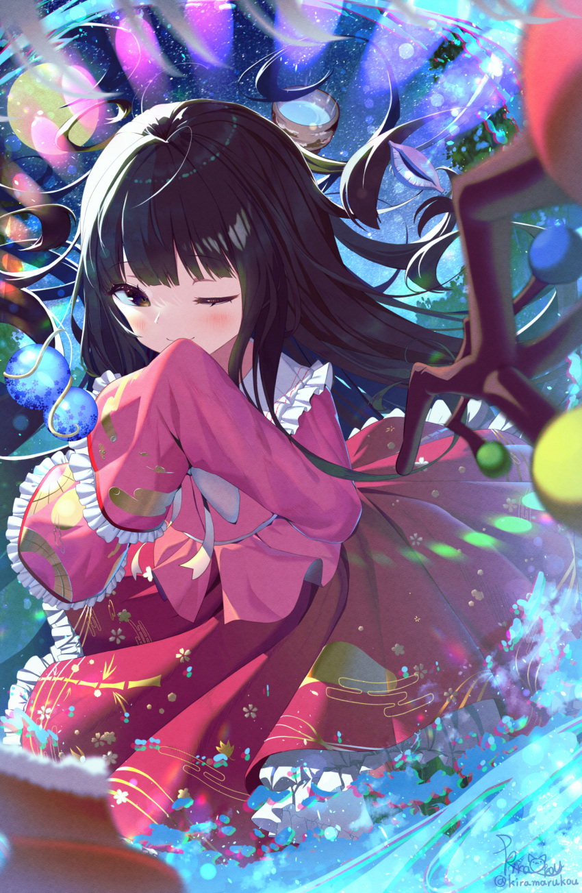1girl ;) bamboo_print bangs black_eyes black_hair blush bow bowl bowtie branch commentary_request covering_mouth danmaku egasumi floating floating_hair floral_print frilled_shirt_collar frilled_skirt frilled_sleeves frills highres hime_cut houraisan_kaguya japanese_clothes jeweled_branch_of_hourai kiramarukou long_hair long_skirt long_sleeves looking_at_viewer night one_eye_closed pink_shirt red_skirt shawl shell shirt signature skirt sky sleeves_past_wrists smile solo star_(sky) starry_sky touhou twitter_username very_long_hair white_bow white_bowtie wide_sleeves
