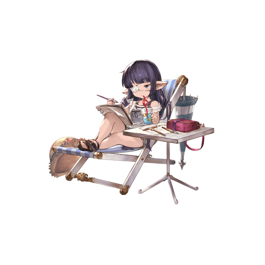 1girl bag bangs beach_chair black_hair blue_eyes blunt_bangs drinking eyepatch granblue_fantasy handbag harvin hat hat_removed headwear_removed long_hair lunalu_(granblue_fantasy) official_art pen pointy_ears sandals sitting sketchbook swimsuit transparent_background