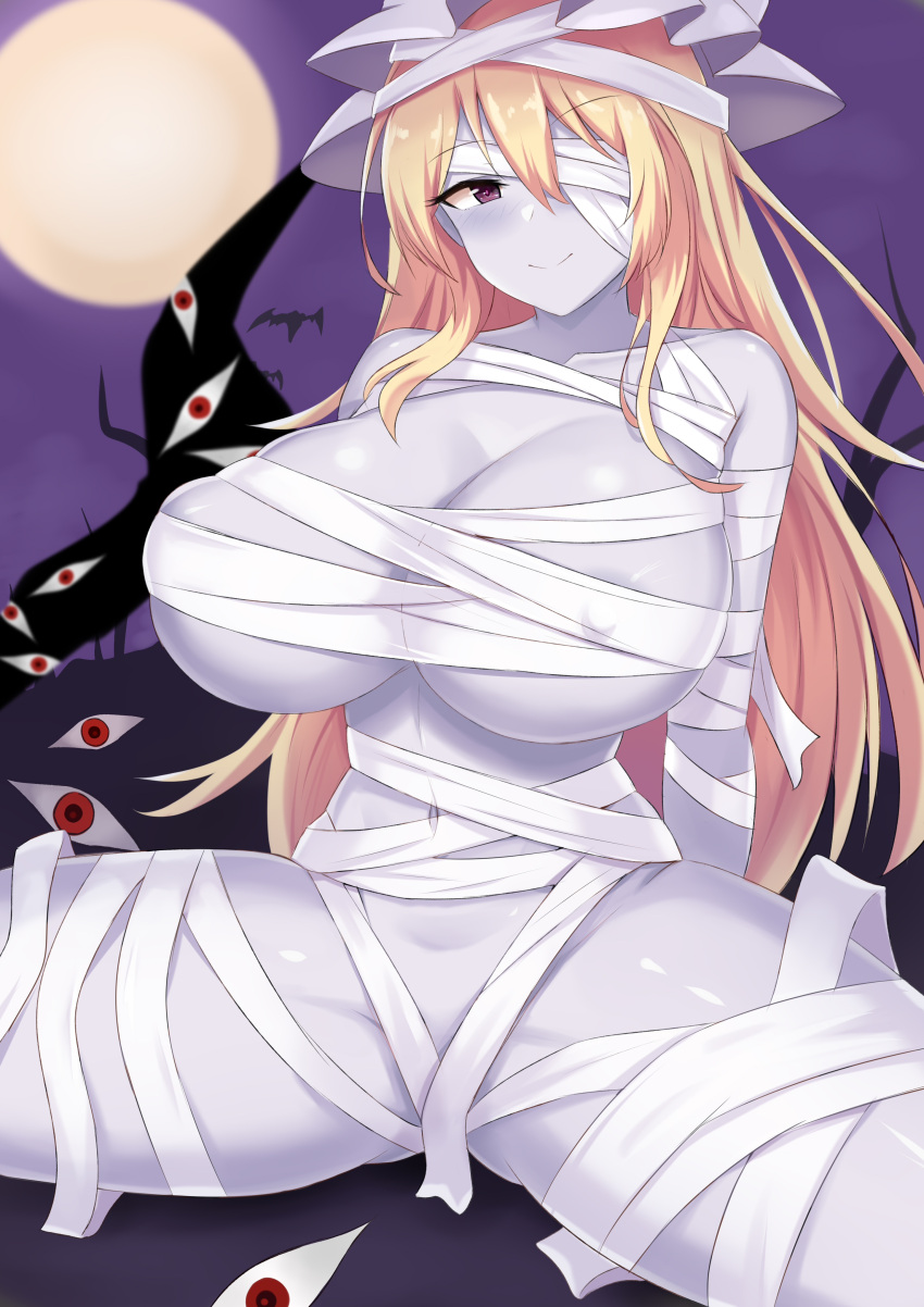 1girl absurdres alternate_skin_color areola_slip areolae bandage_over_one_eye bandages bat blush breasts bright_pupils closed_mouth colored_skin commentary_request covered_nipples eyebrows_visible_through_hair full_moon gap_(touhou) groin hair_between_eyes halloween_costume hat highres huge_breasts long_hair looking_at_viewer mob_cap moon mummification mummy_costume naked_bandage navel pale_skin pink_pupils purple_eyes purple_skin purple_sky red_eyes shiny shiny_hair shiny_skin skindentation smile solo spread_legs thighs touhou very_long_hair white_headwear wuwusan yakumo_yukari