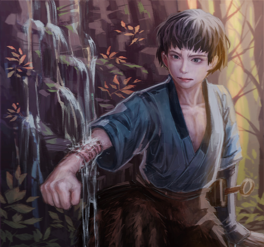 1boy absurdres ashitaka black_hair blue_shirt clenched_hand cliff forest highres hilt leown male_focus md5_mismatch mononoke_hime nature outdoors outstretched_arm painting_(medium) royal scar shirt short_hair traditional_media water waterfall weapon