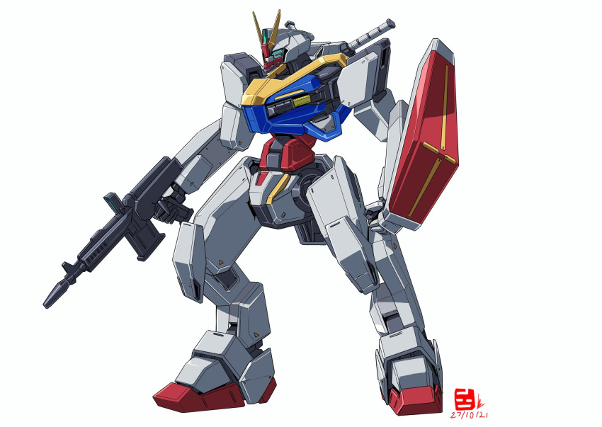 aqua_eyes clenched_hand company_connection dated extra_eyes fusion gun gundam highres holding holding_gun holding_weapon kenbu_(kyoukai_senki) kyoukai_senki mecha mobile_suit_gundam pravin_rao_santheran rx-78-2 science_fiction shield solo sunrise_(company) v-fin weapon white_background