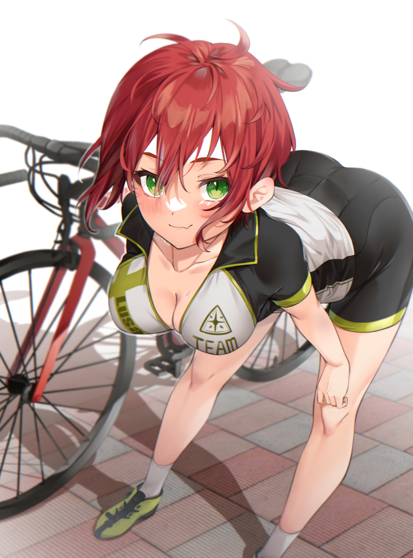 1girl ass bent_over bicycle bike_jersey bike_shorts blush breasts cleavage commission green_eyes ground_vehicle hands_on_own_knees hanging_breasts highres izumi_kei large_breasts original outdoors red_hair seductive_smile shadow short_hair skeb_commission smile