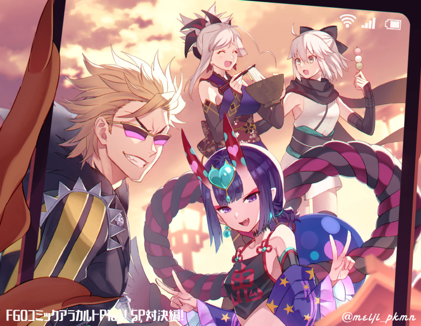 1boy 3girls ahoge arm_guards bangs bare_shoulders black_bow black_jacket blonde_hair blue_kimono blush bow bowl breasts cellphone_picture chinese_clothes chopsticks closed_eyes collarbone dango detached_sleeves dudou earrings eyebrows_visible_through_hair eyeliner fang fate/grand_order fate_(series) food forehead_jewel grin hair_bow hair_ornament half_updo horns jacket japanese_clothes jewelry kimono koha-ace large_breasts leather leather_jacket long_hair long_sleeves looking_at_viewer low_twintails makeup meiji_ken miyamoto_musashi_(fate) multiple_girls obi okita_souji_(fate) oni oni_horns orange_sky out_of_frame pink_hair pointy_ears ponytail purple_eyes purple_hair rope sakata_kintoki_(fate) sakata_kintoki_(rider)_(fate) sash short_hair short_kimono short_twintails shuten_douji_(fate) shuten_douji_(halloween_caster)_(fate) skin-covered_horns sky sleeveless sleeveless_kimono small_breasts smile sunglasses swept_bangs thighs translation_request twilight twintails udon v wagashi white_kimono yellow_eyes
