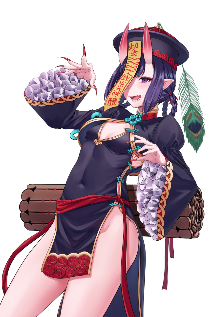 1girl absurdres bangs black_dress black_headwear blush bob_cut braid breasts china_dress chinese_clothes cleavage_cutout clothing_cutout dress eyeliner fate/grand_order fate_(series) frills hair_rings hat highres horns incloud jiangshi long_sleeves looking_at_viewer makeup ofuda oni oni_horns open_mouth peacock_feathers pelvic_curtain pointy_ears purple_eyes purple_hair qing_guanmao short_hair shuten_douji_(fate) shuten_douji_(festival_outfit)_(fate) skin-covered_horns small_breasts smile solo talisman thighs twin_braids wide_sleeves