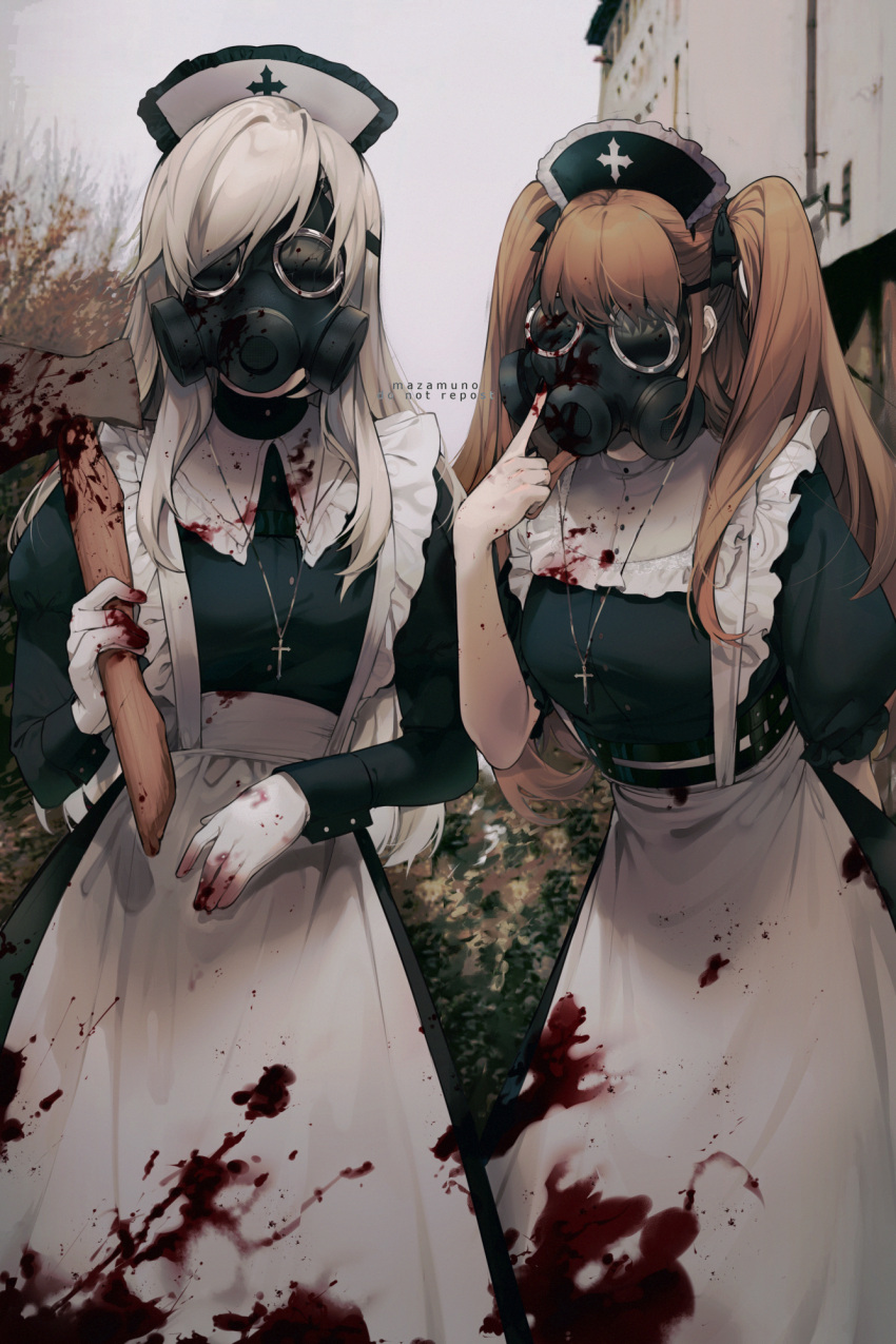 2girls apron artist_name axe bangs black_dress black_ribbon blonde_hair blood blood_on_axe blood_on_clothes blood_on_gloves blood_on_weapon breasts brown_hair cross cross_necklace dress facing_viewer frills gas_mask gloves hair_ribbon hand_up hat highres holding holding_axe holding_weapon jewelry juliet_sleeves large_breasts long_hair long_sleeves maid mask mazamuno multiple_girls necklace nurse_cap original outdoors puffy_short_sleeves puffy_sleeves ribbon short_sleeves twintails waist_apron weapon white_gloves