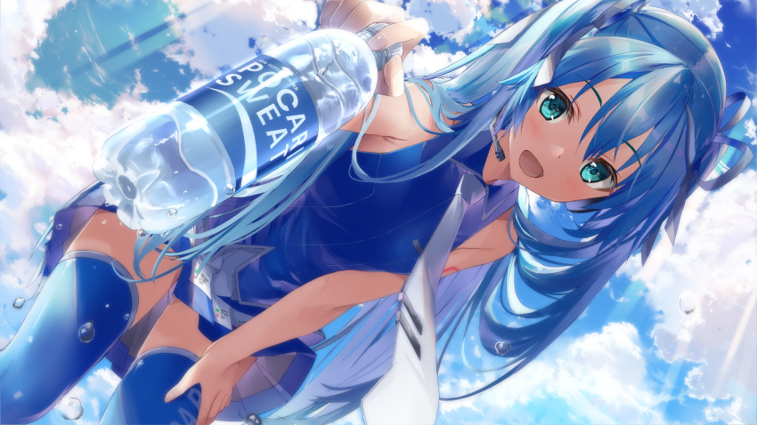 1girl :d alternate_costume aqua_hair bangs blue_hair blue_legwear blue_sky bottle cloud commentary daidou_(demitasse) day dutch_angle from_below giving hand_on_lap hatsune_miku headset highres holding holding_bottle incoming_drink light_rays long_hair looking_at_viewer necktie open_mouth outdoors plastic_bottle pocari_sweat sky sleeveless smile solo thighhighs twintails vocaloid water_bottle white_necktie