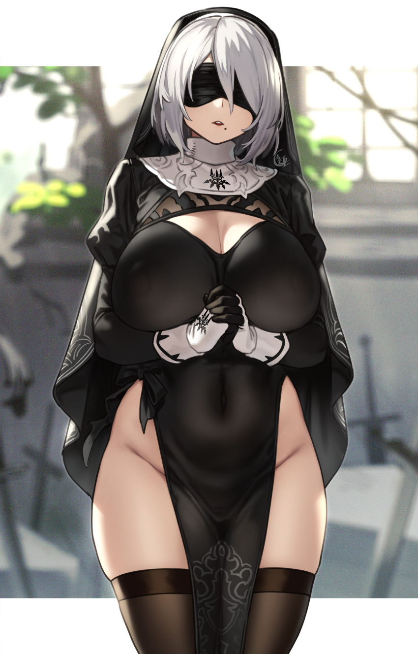 1girl absurdres adapted_costume alternate_breast_size alternate_costume black_dress black_legwear blindfold breasts cleavage cleavage_cutout clothing_cutout commentary covered_eyes covered_navel covered_nipples cowboy_shot dress facing_viewer groin habit highres houtengeki huge_breasts mole mole_under_mouth nier_(series) nier_automata no_bra no_panties nun own_hands_clasped own_hands_together parted_lips pelvic_curtain see-through_dress short_hair silver_hair solo symbol-only_commentary thighhighs yorha_no._2_type_b