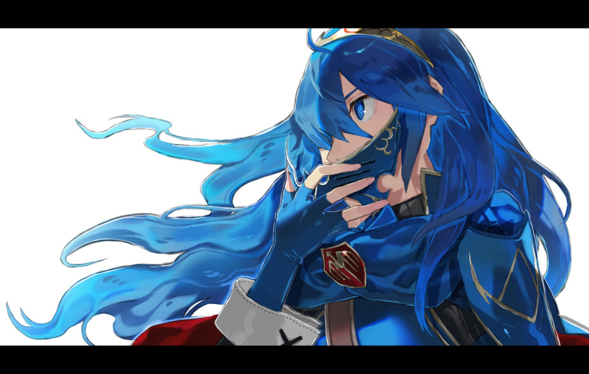 1girl aisutabetao armor blue_eyes blue_gloves blue_hair blue_scarf fingerless_gloves fire_emblem fire_emblem_awakening floating_hair from_side gloves gold_hairband hair_over_one_eye highres holding holding_mask letterboxed long_hair looking_ahead lucina_(fire_emblem) mask one_eye_covered portrait scarf solo white_background