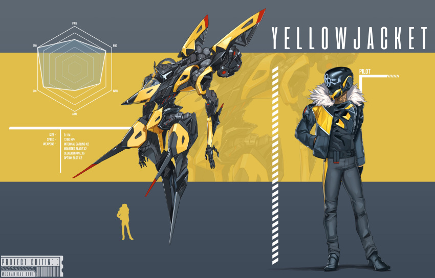 1boy absurdres armor black_footwear black_jacket english_commentary fur_trim grey_pants hand_in_pocket helmet highres jacket looking_to_the_side mecha mechanicalblue neck_tattoo open_hand original pants science_fiction silhouette size_comparison tattoo visor