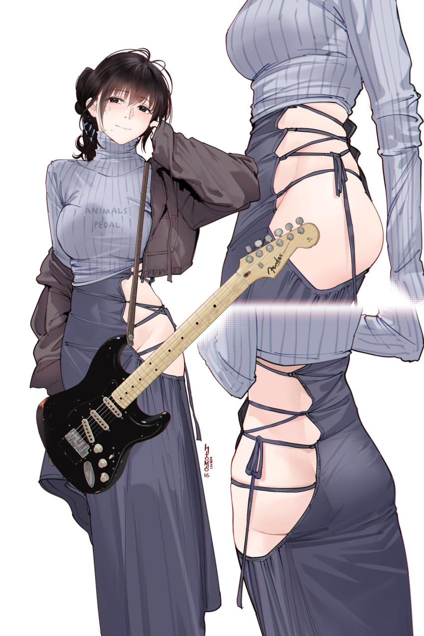 1girl ass backbone chinese_commentary commentary_request cross-laced_clothes cross-laced_cutout electric_guitar eyebrows_visible_through_hair grey_jacket groin guitar guitar_little_sister_(hitomi_o) hair_twirling highres hitomi_o instrument jacket jacket_partially_removed light_smile long_skirt long_sleeves looking_at_viewer midriff mole mole_under_mouth multiple_views no_panties original print_sweater side_ponytail side_slit simple_background skin_tight skindentation skirt sleeves_past_wrists striped striped_sweater sweater underass vertical_stripes white_background