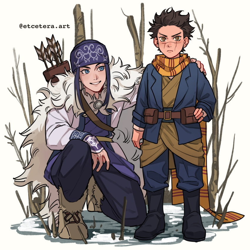 1boy 1girl absurdres age_switch ainu_clothes asirpa bandana bare_tree black_footwear black_hair blue_coat blue_eyes boots brown_eyes coat etceteraart fur_boots golden_kamuy hand_on_another's_shoulder hand_on_hip highres long_hair long_sleeves older outdoors pouch quiver scar scar_on_face scar_on_nose scarf snow sugimoto_saichi tree web_address yellow_scarf younger