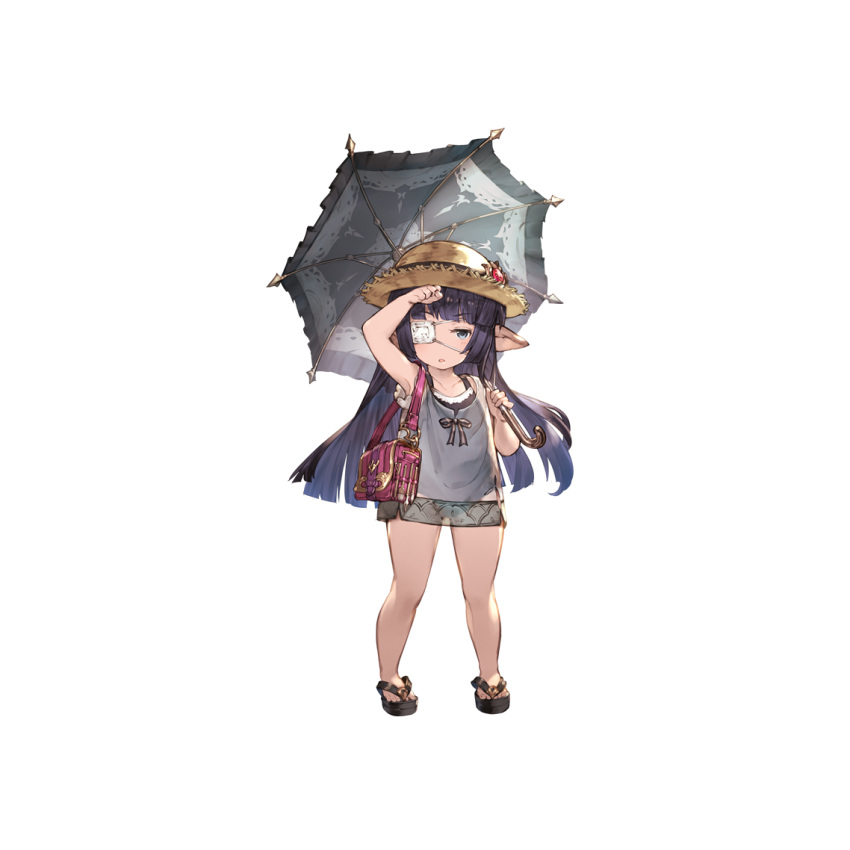 1girl bag bangs black_hair blue_eyes blunt_bangs eyepatch granblue_fantasy handbag harvin long_hair lunalu_(granblue_fantasy) official_art parasol pointy_ears sandals swimsuit transparent_background umbrella