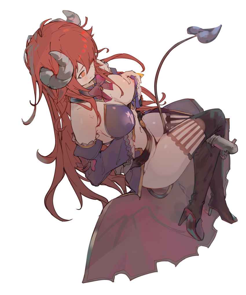 1girl ahoge bare_shoulders boots breasts curled_horns demon_girl demon_horns demon_tail detached_collar detached_sleeves eyebrows_visible_through_hair full_body high_heel_boots high_heels highres horns large_breasts lilith_(machikado_mazoku) long_hair machikado_mazoku navel nipples red_hair revealing_clothes simple_background solo statue tail thigh_boots thighhighs tota_(sizukurubiks) white_background yoshida_yuuko_(machikado_mazoku)