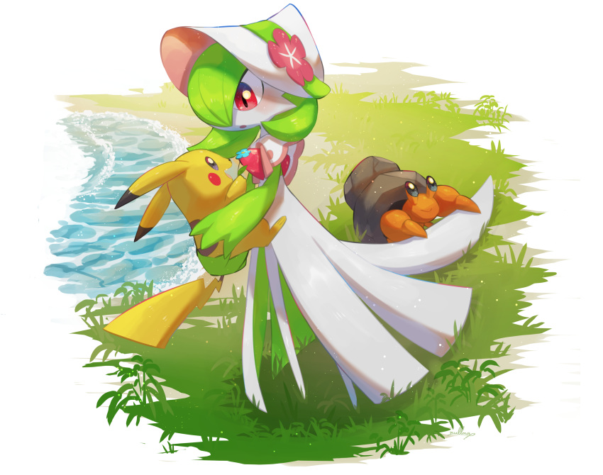 absurdres blush bonnet commentary dwebble flower gardevoir grass hat hat_flower highres holding holding_pokemon nullma pikachu pink_flower pokemon pokemon_(creature) pokemon_(game) pokemon_unite standing water white_headwear